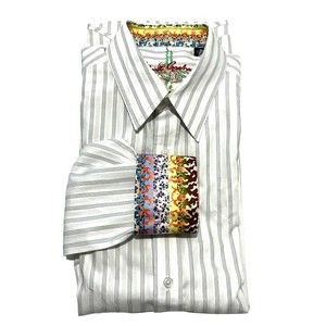 Robert Graham Mens White Gray Striped Casual Button Up Long Sleeve Shirt  Large